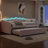 Polsterbett mit Ausziehbett 90x200 cm(90x190 cm), Schlafsofa Tagesbett mit LED Beleuchtung und Lattenrost, Gästebett Daybett Kinderbett Sofabett Jugendbett Bettgestell, Samt, Ohne Matratze, Rosa