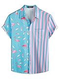 VATPAVE Herren Flamingo Hawaii Hemd Männer Freizeit Kurzarmhemd Sommer Strandhemd Blumen Hemden Klein Blau Flamingo