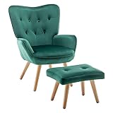 HollyHOME Sessel mit Hocker Sessel Wohnzimmer Relaxsessel, Lesesessel Ohrensessel Samtstoff Akzent Stuhl mit Fußschemel Loungestuhl, Lesestuhl für Schlafzimmer, Grün