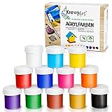 Krevo Art Wasserfeste Acryl-Farben, Acrylic Paint - 12 stark pigmentierte Acrylfarben Set je 20ml, Bastelfarben für Papier, Stein, Holz, Ton, Gips, Leinwand