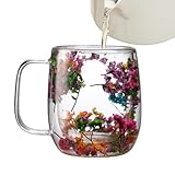 Getrocknete Blumen Glasbecher – doppelwandige Glasbecher | Glasbecher mit getrocknetem Blumen-Design | doppelwandige Trockenblumentasse | Glas Getränkegläser Teetasse für Tee, Cappuccino, Kaltgetränk