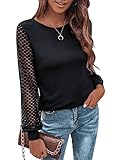 GORGLITTER Damen Langarm T-Shirt mit Spitzen Ärmeln Oberteile Elegant Tops Blusen Langarmshirts Frühling Casualshirt Schwarz M