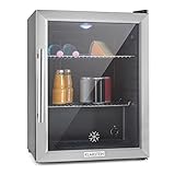 Klarstein Getränkekühlschrank, Kühlschrank Klein mit 2 Ablagen, Minikühlschrank Lautlos für Büro Camping Outdoor, Mini mit Glastür, Mini Fridge 3-10°C, Bierkühlschrank 60 Liter, Silber