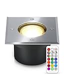 lambado® Flacher LED Bodenstrahler für Aussen mit RGB Farbwechsel dimmbar inkl. Fernbedienung - Eckige Bodenleuchte/Bodeneinbaustrahler IP67 aus Edelstahl - Befahrbar & Wasserdicht