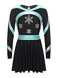 Miaeowve Akrobatik Kleid Mädchen Langarm Strass Glitzer Eiskunstlaufkleid Kinder Metallic Patchwork Ballett Body Stehkragen Trikot Mit Wickelrock Tanzkostüm Blau Grün 134-140