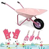 Hortem 5PCS Kinder Schubkarre Set, Metallkonstruktion Radlauf und Gartengeräte, Gartenhandschuh, Geschenke für (Pink)
