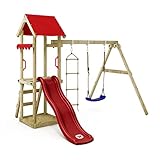 Wickey Spielturm Klettergerüst TinyCabin mit Schaukel & roter Rutsche, Outdoor Kinder Kletterturm mit Sandkasten, Leiter & Spiel-Zubehör für den Garten