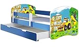 ACMA Kinderbett Jugendbett mit Einer Schublade und Matratze Blau mit Rausfallschutz Lattenrost II 140x70 160x80 180x80 (20 Bagger, 140x70 + Bettkasten)