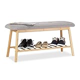 Relaxdays Schuhbank Bambus für 2 Personen, Polsterbank mit Schuhablage für 4 Paar Schuhe, bequeme Sitzbank, natur-grau, 34 x 90 x 44 cm