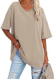 Ebifin Damen Oversize T Shirt mit V-Ausschnitt Kurzärmeliges Casual Lockere Basic Sommer Tee Shirts Bluse.Khaki.XL