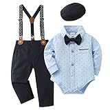 SANMIO Baby Jungen Bekleidung Set, 4pcs Gentlemen Romper Outfits + Suspender Pants + Beret Hat + Bowtie, Hochzeit Taufe Formal Anzug Blau, 3-6 Monate