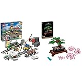 LEGO City Güterzug, Set mit batteriebetriebenem Motor & Icons Bonsai Baum Set für Erwachsene, Pflanzen Home Deko Set