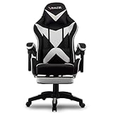 xRace Gaming Stuhl, Bürostuhl, Ergonomischer Pc Stuhl, Gaming Sessel aus Leder mit Lendenwirbelstütze, Verstellbarer Drehbarer, Task Stühle mit Fußstütze und Kopfstütze, Weiß