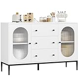 FirFurd 120 cm breit Sideboard Küchenschrank mit 2 Glastüren 3 Schubladen, TV-Schrank Buffetschrank Holz, Aufbewahrungsschrank für Küche Wohnzimmer Esszimmer 120 x 38 x 80 cm Weiß