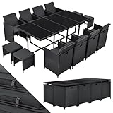 Juskys Polyrattan Sitzgruppe Baracoa XXL 13-teilig wetterfest & stapelbar - 8 Stühle, 4 Hocker, Tisch mit Glasplatte & Kissen - 12 Personen - Gartenmöbel Set für Garten & Terrasse