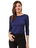 Allegra K Damen-Bluse mit Hahnentrittmuster, kariert, 3/4-Ärmel, U-Boot-Ausschnitt, Arbeit, Büro, Tiefes Blau, XX-Large