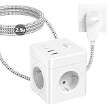 Steckdosenadapter, Steckdosenleiste mit 2 USB +1 USB C, 7 in 1 Verteilersteckdose Steckdose für Büro Hause, Verteilersteckdose, Steckdosenverteiler für Büro Hause, Weiß