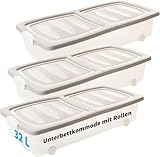 2friends Unterbett Aufbewahrungsbox Flach, 3er Set Unterbettkommoden, 32 Liter mit Rollen, Transparent Bettkasten, Deckel, Clip-Verschlüssen, Aufbewahrung, Unterbettbox