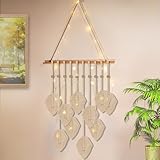 Makramee Wandbehang, Handgemachte Boho Deko Wanddeko Wandteppich im Boho Style, Wandbehang mit LED-Licht für Wohnzimmer, Schlafzimmer, Kinderzimmer (Elfenbein)