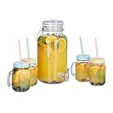Relaxdays, klar Getränkespender Set, 4 l, 4 Gläser, Zapfhahn, Retro Saftspender Gastro mit Strohhalmen, Limonadenspender, Standard