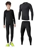 Echinodon Kinder Sportunterwäsche Fußball Junge Kompressionsshirt + Kompressionshose Kompressionsunterwäsche Set Funktionsunterwaesche Set für Running Training Radsport (Schwarz, 176)