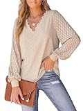 CUPSHE Damen Blusen V Ausschnitt Spitzen Wellenkante Puffärmel Langarmshirt Lässige Lace Oberteile Tunika Bluse Tops Hellbraun M