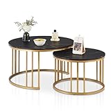 CLIPOP Couchtisch Rund,Satztisch 2er Set mit Marmoreffekt Holztische mit Metallrahmen Basis,70x70x45cm+50x50x38cm Stapelbarer Beistelltisch Set Nesting Tischen,Schwarz + Schwarz