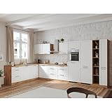 Lomadox Winkelküche Küche Einbauküche Küchenzeile L-Form 420/240 cm mit E-Geräten in weiß und Eiche, Arbeitsplatte in Eiche, inkl. Induktionskochfeld