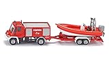 siku 1636, Feuerwehr Unimog mit Boot, Metall/Kunststoff, Rot, Schwimmfähiges Boot