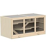 PawHut Hamsterkäfig Nagerkäfig Kleintierstall aus Holz Mäusekäfig mit Treppen Kleintierkäfig Nagervilla Dreistöckig PVC Naturholz 115 x 57 x 55 cm