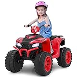 GOPLUS 24V Elektro Kinderquad, Elektro-Quad mit LED Lichtern, Kinder Aufsitzauto mit drahtloser Verbindung, Musik, Radio & Soft Start, Elektrofahrzeug für Kinder von 3 bis 8 Jahren (Rot)