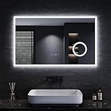 SONNI LED Badspiegel 100x60 cm Badezimmerspiegel mit Beleuchtung 3 einstellbare Lichtfarbe Lichtspiegel Wandspiegel mit Touchschalter, Uhr, Temperatur, 3-Fach Vergrößerung