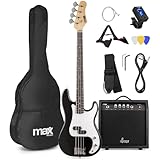 MAX GigKit Bassgitarre Set, E Bass Gitarre, Bass Guitar mit Gitarrenverstärker, Tasche, Stimmgerät, Plektren, Ständer, Gurt, Kabel und Ersatzsaiten - 21 Bünde - schwarz