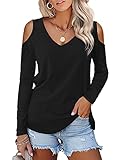 Beluring Damen Sexy Sommer T Shirts V-Ausschnitt Offene Schulter Tunika Oberteile Basic Shirts Schwarz L