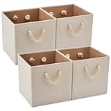 EZOWARE 4-er Set Baumwolle Faltbare Cube Aufbewahrungsbox, Faltbox Organizer Aufbewahrungskorb ohne Deckel mit Starken Griffen für Kleiderschrank, Kinderzimmer (33X33X33cm Beige)