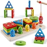 Teklemon Montessori Spielzeug ab 1 2 3 Jahre, Holz Sortier und Stapelspielzeug Steckpuzzle für 12+ Monate Baby Jungen/Mädchen Magnetisch Fischereispielzeug Geometrische Baukasten Shape Sorter Puzzles