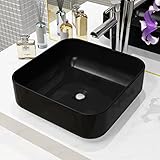 Xichuzi Waschbecken Keramik Quadratisch Schwarz 38 x 38 x 13,5 cm, Aufsatzwaschbecken, Bathroom Sink, Waschtisch, Aufsatzbecken, Ablaufgarnitur - 142733