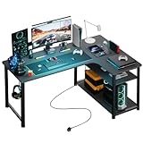 COMHOMA Schreibtisch Gaming Tisch mit Regal, Eckschreibtisch mit USB-Ladeanschluss und Steckdose, 120cm Computertisch L Form, PC Tisch für Büro, Heimbüro, schwarz