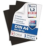 Reorda Magnetfolie DIN A4 selbstklebend 3er Set - Magnetpapier mit starkem 3M-Kleber - Magnetplatte zuschneidbar für Kühlschrank, Tafeln & Poster - Magnetische Folie selbstklebend für's Basteln