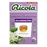 Ricola Holunderblüten, 50g Böxli Schweizer Kräuter-Bonbons mit 13 Alpenkräutern & fruchtig-blumiger Holunderblüte, zuckerfrei, 1 x 50g, vegan