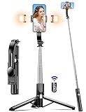 Selfie Stick mit Verbessertem Stativ, Selfie Stick Stativ mit 2 Fülllicht, Extra Langes 115cm Handy Stativ mit Abnehmbarer Fernbedienung, Kompatibel mit iPhone Samsung usw, Action-Kamera GoPro