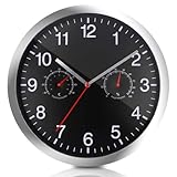 Schwarz Wanduhr, Funkuhr mit Temperaturanzeige und Luftfeuchtigkeit, Wanduhr Ohne Tickgeräusche funkgesteuerte Wanduhr leise Analoge Funk-Wanduhr großes Ziffernblatt Geeignet für Küche Wohnzimmer Büro