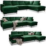 Cord Sofa U Form mit Schlaffunktion - Ecksofa mit Schlaffunktion und Bettkasten, Wohnlandschaft U Form, XXL Couch U Form, Big Sofa XXL, Eckcouch mit Schlaffunktion und Bettkasten, (Sofa Grün Rechts)