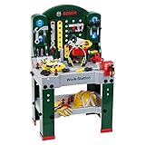 Theo Klein 8513 Bosch Workstation Werkbank mit Werkzeug, Montagefahrzeug und zahlreichem Zubehör Arbeitsplatte mit Lernfunktion Maße: 61 cm x 44,5 cm x 101 cm Spielzeug für Kinder ab 3 Jahren