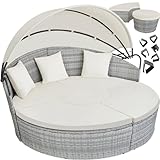 tectake Sonneninsel, Gartenliege, Muschel Sonnenliege, Aluminium Polyrattan Lounge mit klappbarem Sonnendach, wasserabweisend, Relaxliege Outdoor inkl. Kissen & Auflagen, 180 x 171 x 138 cm - hellgrau