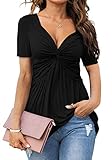 Tankaneo Damen V Ausschnitt Elegant Blusenshirt Front Knotted T-Shirt Kurzarm Dame Tunika Blusen Tops Oberteile