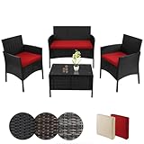 BB Sport Poly Rattan Sitzgruppe 4 Personen Tisch 2 Stühle Sitzbank 5cm Dicke Sitzpolster Balkonmöbel Set Sitzgarnitur Balkon Terrasse Garten Outdoor, Farbe:Titan-Schwarz/Abendsonne