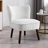 Wahson Teddystoff Sessel Wohnzimmer moderner Loungesessel Geplosterter Ohrensessel mit Holzbeinen für Wohnzimmer/Schlafzimmer, Weiß