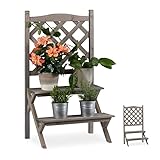 Relaxdays Blumentreppe mit Rankgitter, Blumenregal mit 2 Stufen, Pflanzentreppe Holz für Blumen, HBT: 90x51x40 cm, grau