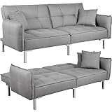 Yaheetech Klappbares Schlafsofa Bettsofa aus Leinenstoff Tagessofa mit 2 Kissen, Sofa Couch mit Bettfunktion Liegefläche 177 cm L × 110 cm B fürs Wohnzimmer/Schlafzimmer/Gästezimmer Hellgrau